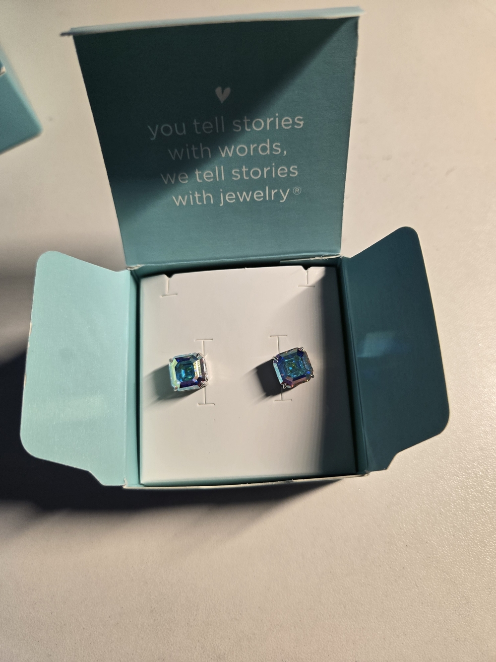 Origami Owl Sterling Silver Aurora Borealis Square Stud Earrings - Blue-Green